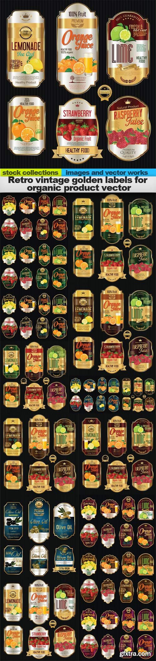 Retro vintage golden labels for organic product vector, 15 x EPS