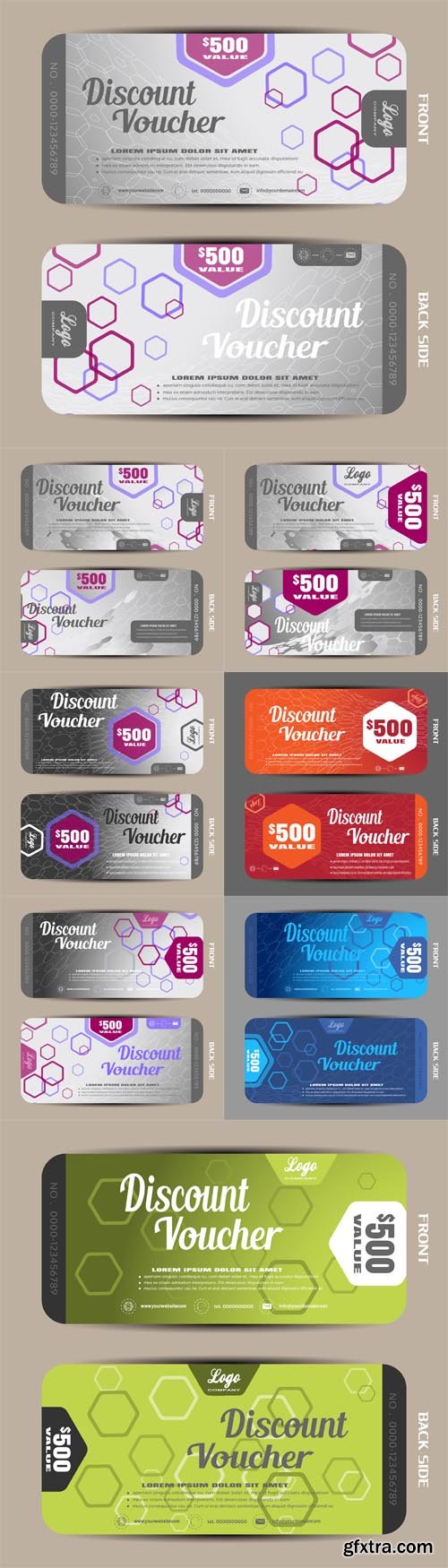 Vector Set - Voucher Illustrations on the Gradient Background and Hexagon Pattern