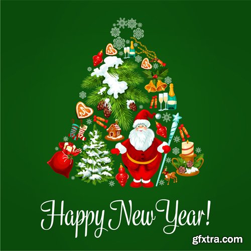 Merry Christmas and Happy New Year vector background, symbols of new year 2017, christmas snowman in hat, cock rooster