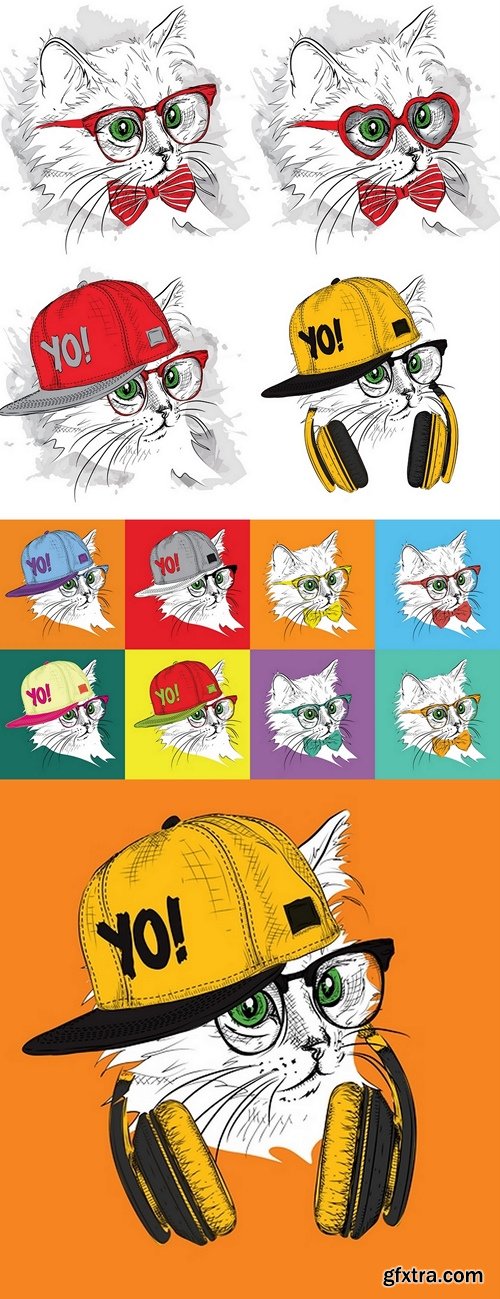 The image of the cat in the glasses and headphones. Vector illustration