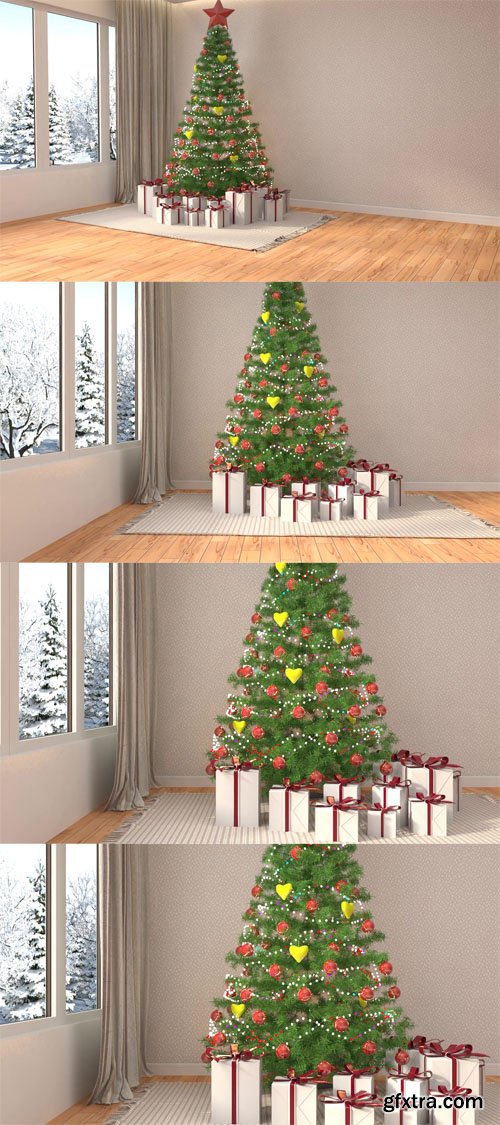 Christmas tree with decorations in the living room. 3d illustration Christmas tree with decorations in the living room. 3d illustration