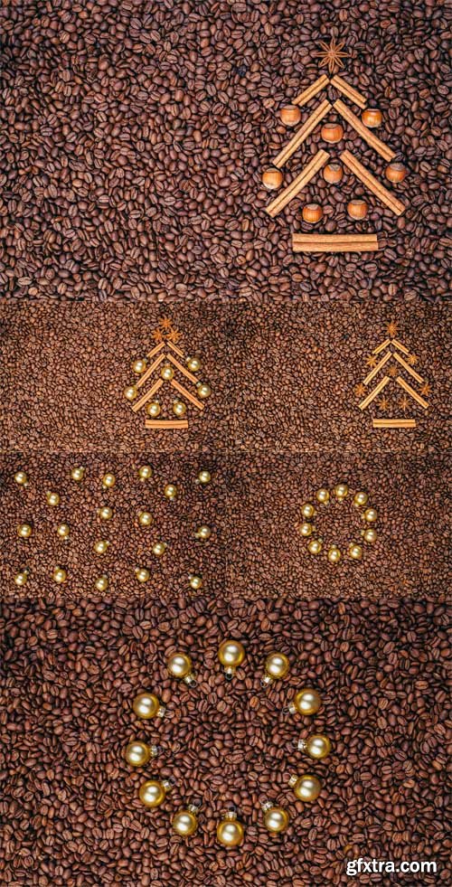 Photo Set - Background of coffee with cinnamon tree, star anise and Christmas balls