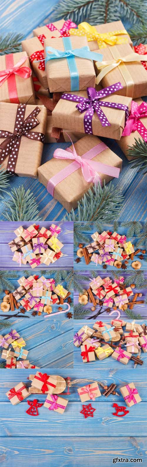 Photo Set - Wooden sled and wrapped gifts with ribbons for Christmas or other celebration Photo Set - Wooden sled and wrapped gifts with ribbons for Christmas or other celebration