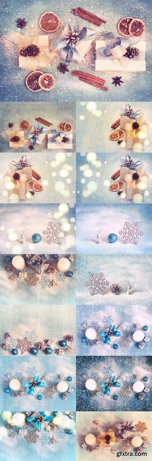 Photo Set - Christmas Gifts Boxes with Bows and Cones Vintage Tinted and Snow Photo Set - Christmas Gifts Boxes with Bows and Cones Vintage Tinted and Snow