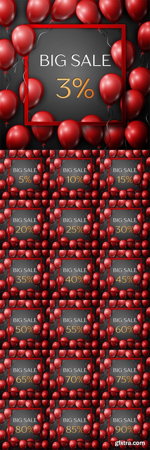 Vector Set - Realistic red balloons with text Big Sale percent Discounts in square red frame over black background Vector Set - Realistic red balloons with text Big Sale percent Discounts in square red frame over black background