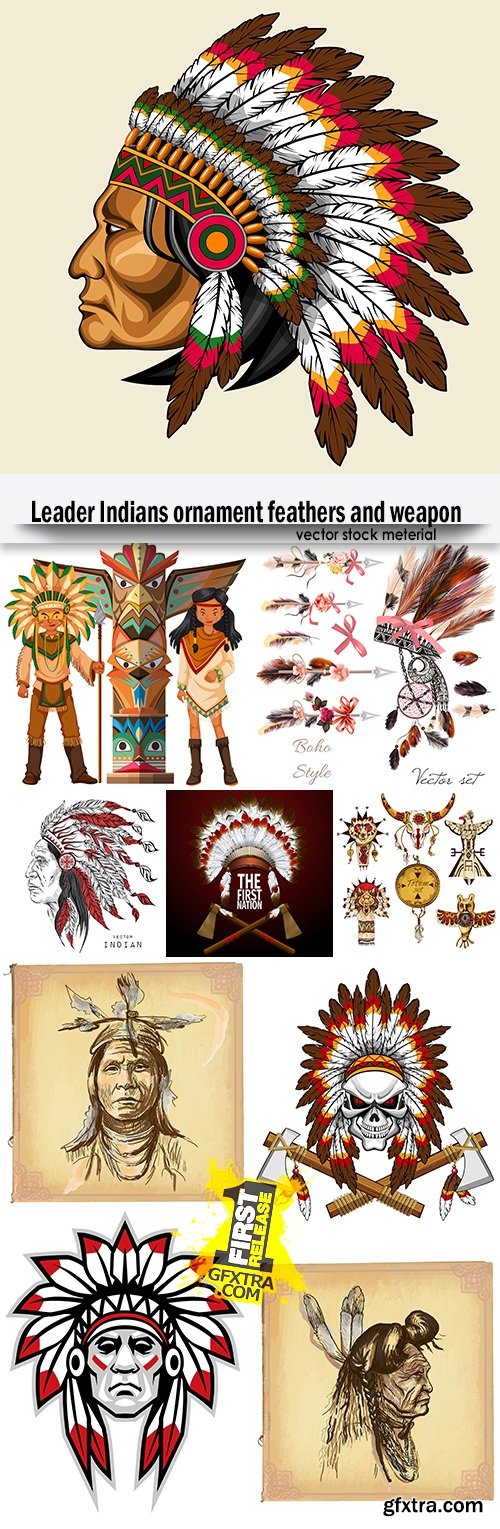 Leader Indians ornament feathers and weapon
