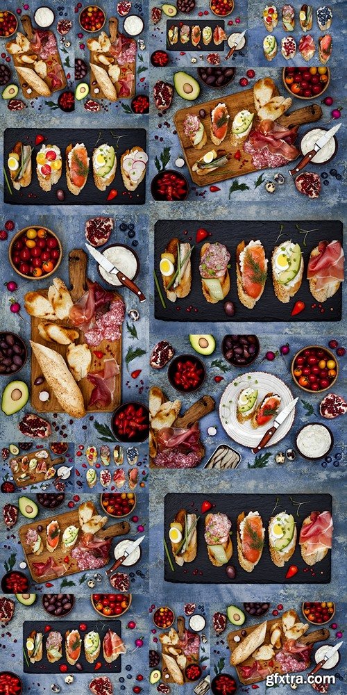 Mini sandwiches food set. Brushetta or authentic traditional spanish tapas for lunch table. Delicious snack, appetizer, antipasti on party or picnic time. Top view
