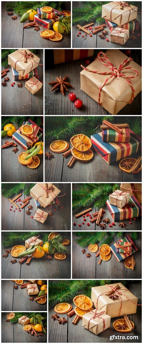 Christmas Decoration With Gift Box And Mandarines - 13 UHQ JPEG Stock Images