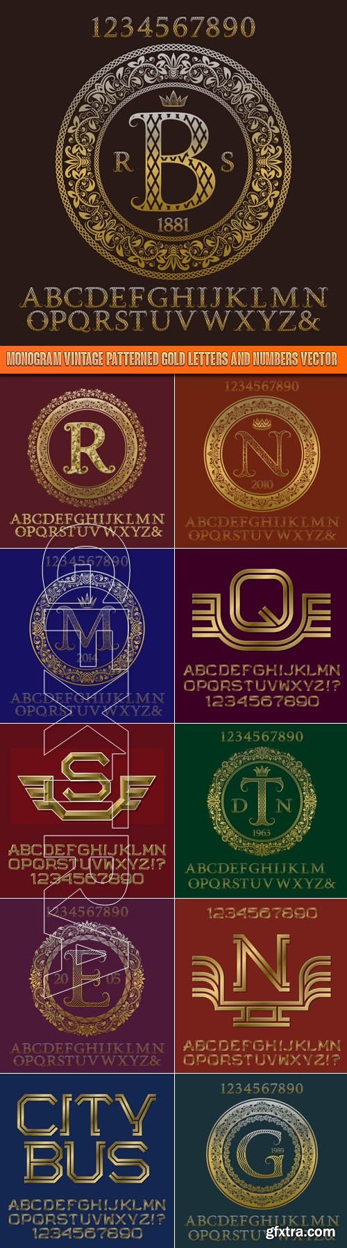 Monogram vintage patterned gold letters and numbers vector