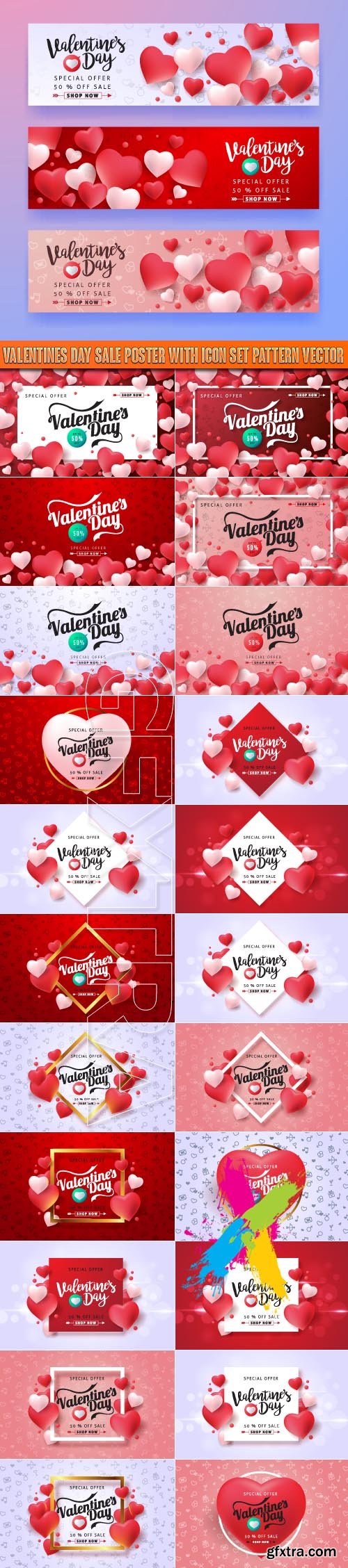 Valentines day sale poster with icon set pattern vector