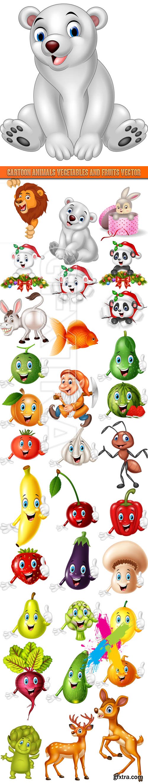 Cartoon animals vegetables and fruits vector