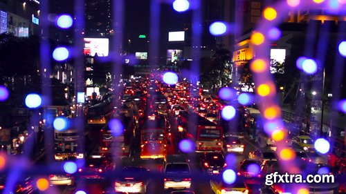 BANGKOK, THAILAND - Aerial view on road. Road traffic in night from high above