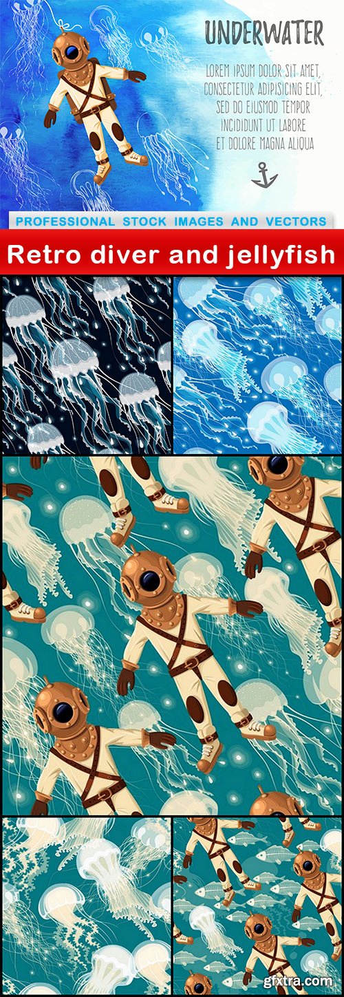 Retro diver and jellyfish - 6 EPS