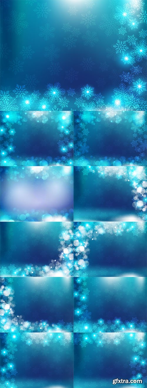 Vector Set - Christmas Background with Blue and White Snowflakes in Various Styles