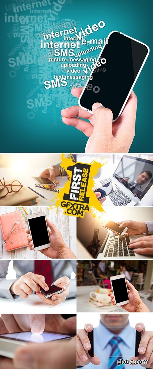 The male hand holding a phone against the background of the table Stock Images