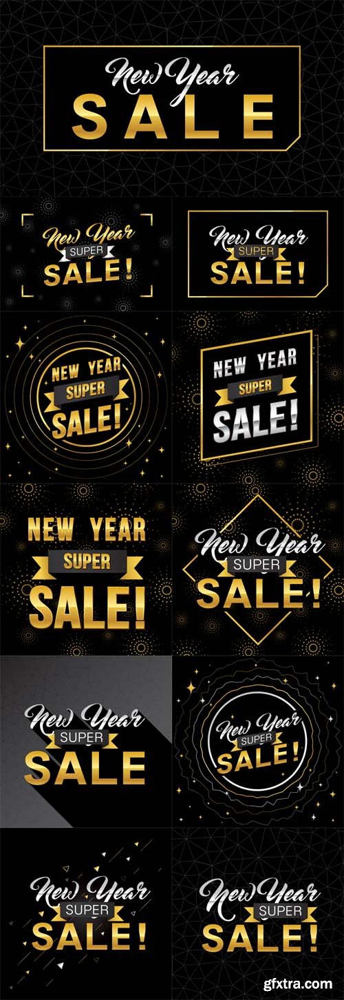 Vector Set - New Year Super Sale Banner Template with Gold Theme Design