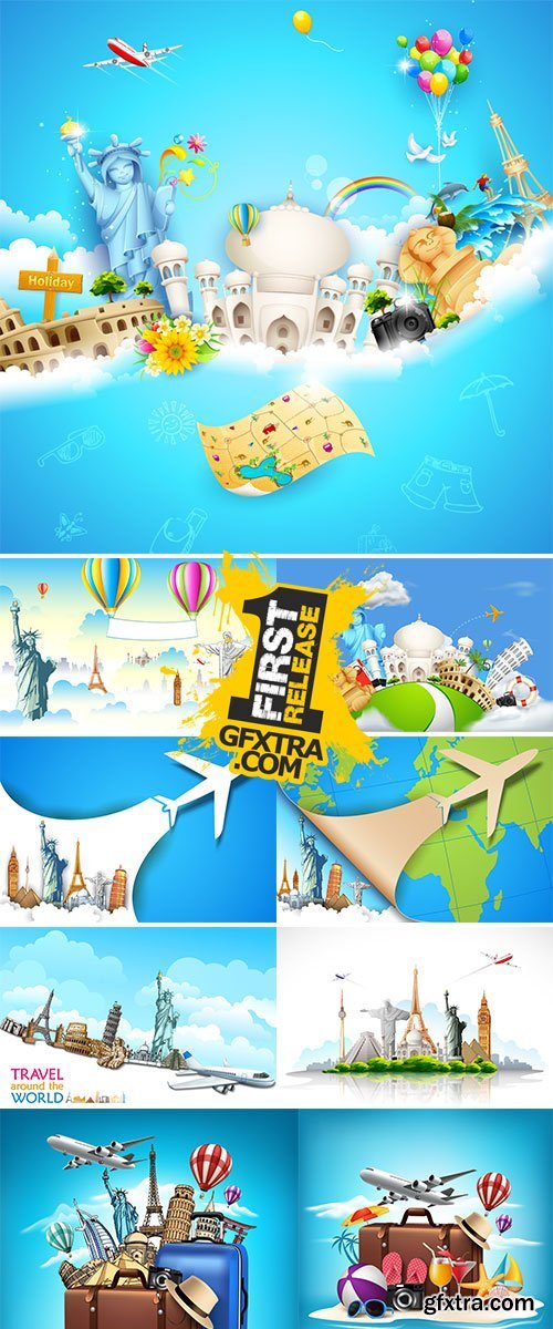 Travel & Tourism Backgrounds with Famous World Landmarks 19xEPS
