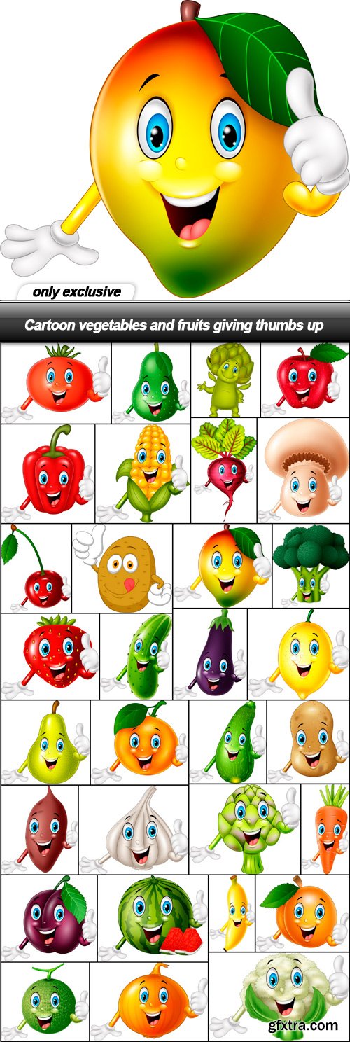 Cartoon vegetables and fruits giving thumbs up - 31 EPS