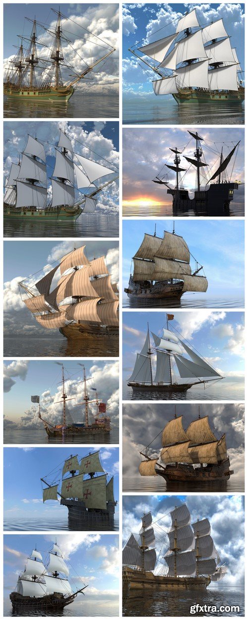 Old Sailboat On The Sea 3D Illustration 12X JPEG