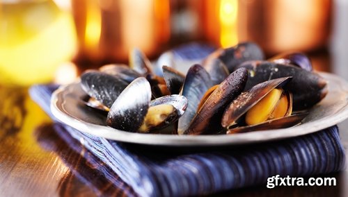 Collection of mussel seafood soup is a delicacy fried meat protein 25 HQ Jpeg