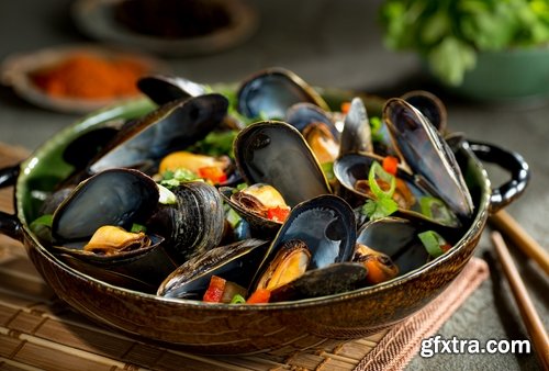 Collection of mussel seafood soup is a delicacy fried meat protein 25 HQ Jpeg