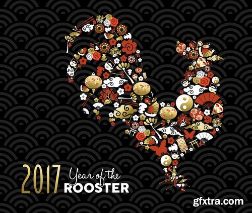 2017 - The Year of Fire Rooster 3 - Set of 30xEPS, AI Professional Vector Stock