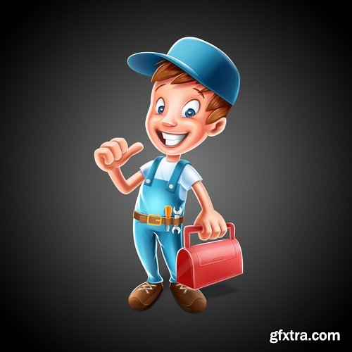Collection cartoon builder construction worker icon sticker tool vector image 18 EPS