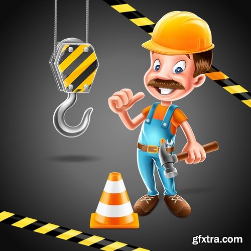 Collection cartoon builder construction worker icon sticker tool vector image 18 EPS