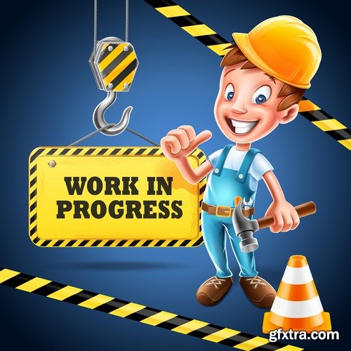 Collection cartoon builder construction worker icon sticker tool vector image 18 EPS