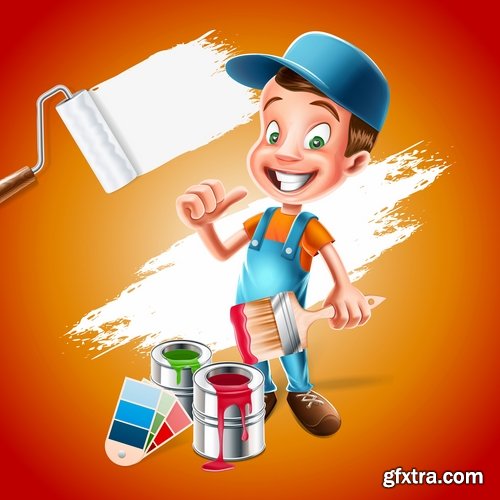 Collection cartoon builder construction worker icon sticker tool vector image 18 EPS