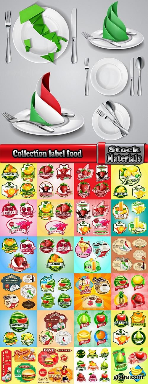 Collection label food meal pizza restaurant fast food fruit banana watermelon 25 EPS