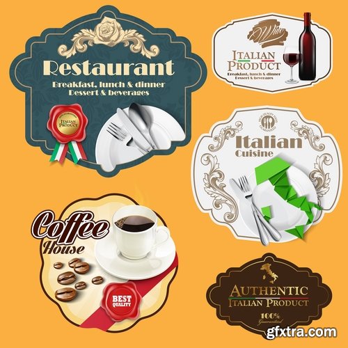 Collection label food meal pizza restaurant fast food fruit banana watermelon 25 EPS