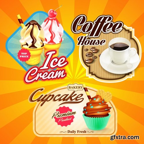 Collection label food meal pizza restaurant fast food fruit banana watermelon 25 EPS