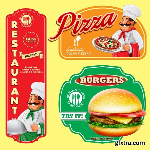 Collection label food meal pizza restaurant fast food fruit banana watermelon 25 EPS