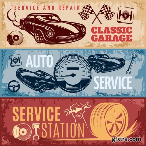 Collection of car repair service flyer banner label advertising the wheel 25 EPS