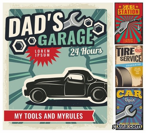 Collection of car repair service flyer banner label advertising the wheel 25 EPS