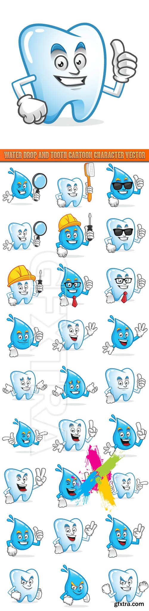 Water drop and tooth cartoon character vector