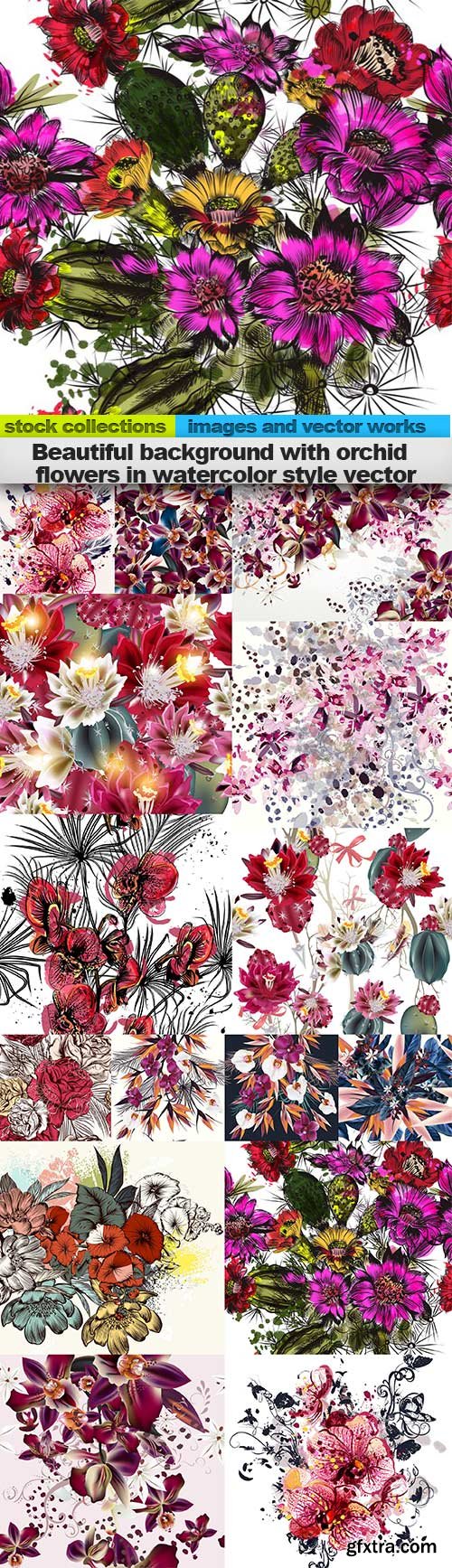 Beautiful background with orchid flowers in watercolor style vector, 15 x EPS
