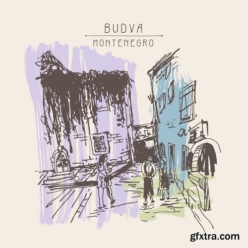 Collection of hand-drawn illustration city in the world building construction 25 EPS