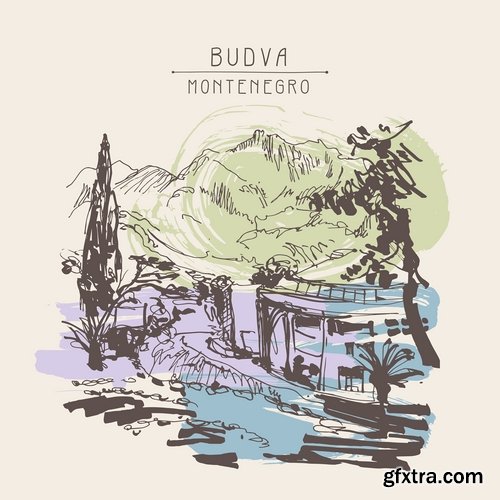 Collection of hand-drawn illustration city in the world building construction 25 EPS