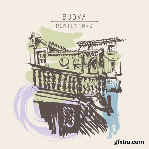 Collection of hand-drawn illustration city in the world building construction 25 EPS
