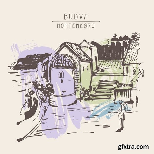 Collection of hand-drawn illustration city in the world building construction 25 EPS