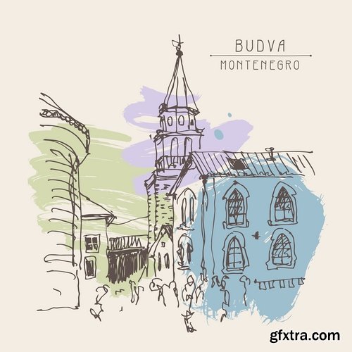 Collection of hand-drawn illustration city in the world building construction 25 EPS