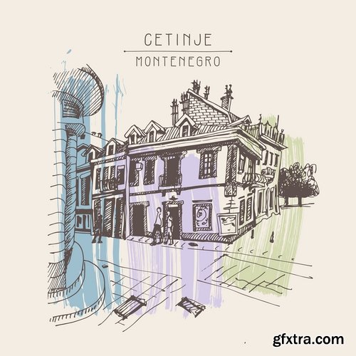 Collection of hand-drawn illustration city in the world building construction 25 EPS