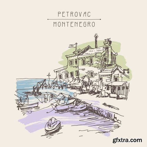 Collection of hand-drawn illustration city in the world building construction 25 EPS