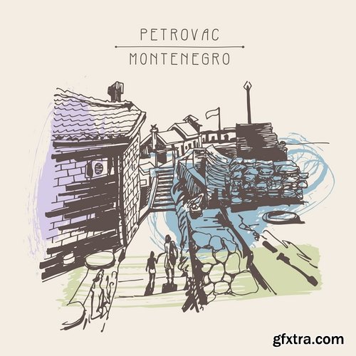 Collection of hand-drawn illustration city in the world building construction 25 EPS