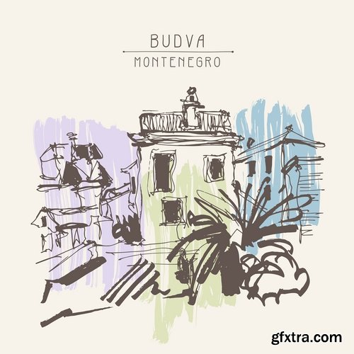 Collection of hand-drawn illustration city in the world building construction 25 EPS