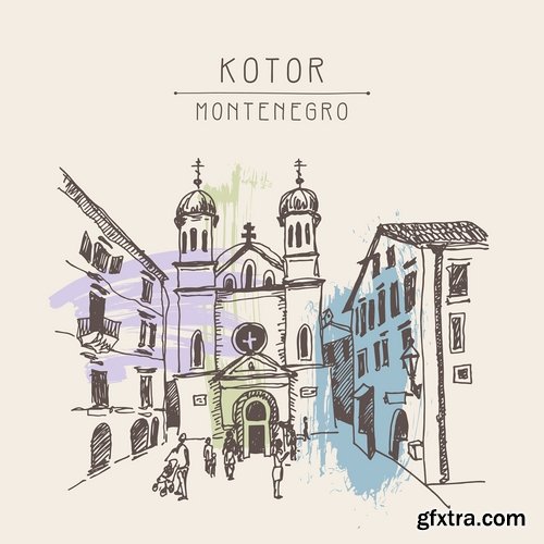 Collection of hand-drawn illustration city in the world building construction 25 EPS