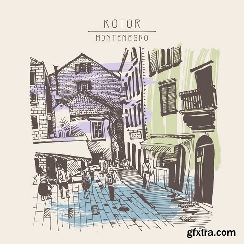 Collection of hand-drawn illustration city in the world building construction 25 EPS