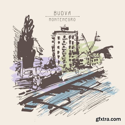 Collection of hand-drawn illustration city in the world building construction 25 EPS